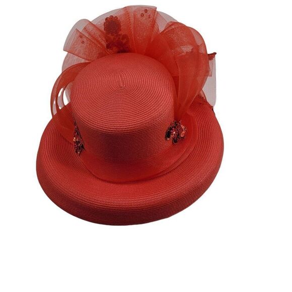 Vintage Ms Divine Red Hat Church‎ Derby Netted Bow Flower Sequin Applique Sraw - Picture 3 of 10